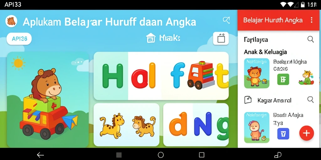 Tampilan interaktif API33 dengan warna cerah dan karakter lucu.