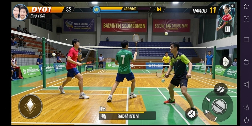 Tampilan antarmuka DY01 yang menarik dengan fitur permainan Badminton.